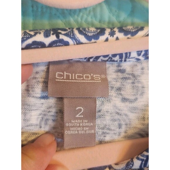 Chico's Size 2(12) Blue Geometric Design V-Neck 3/4‎ Sleeve Boho Tunic Top - Picture 2 of 9